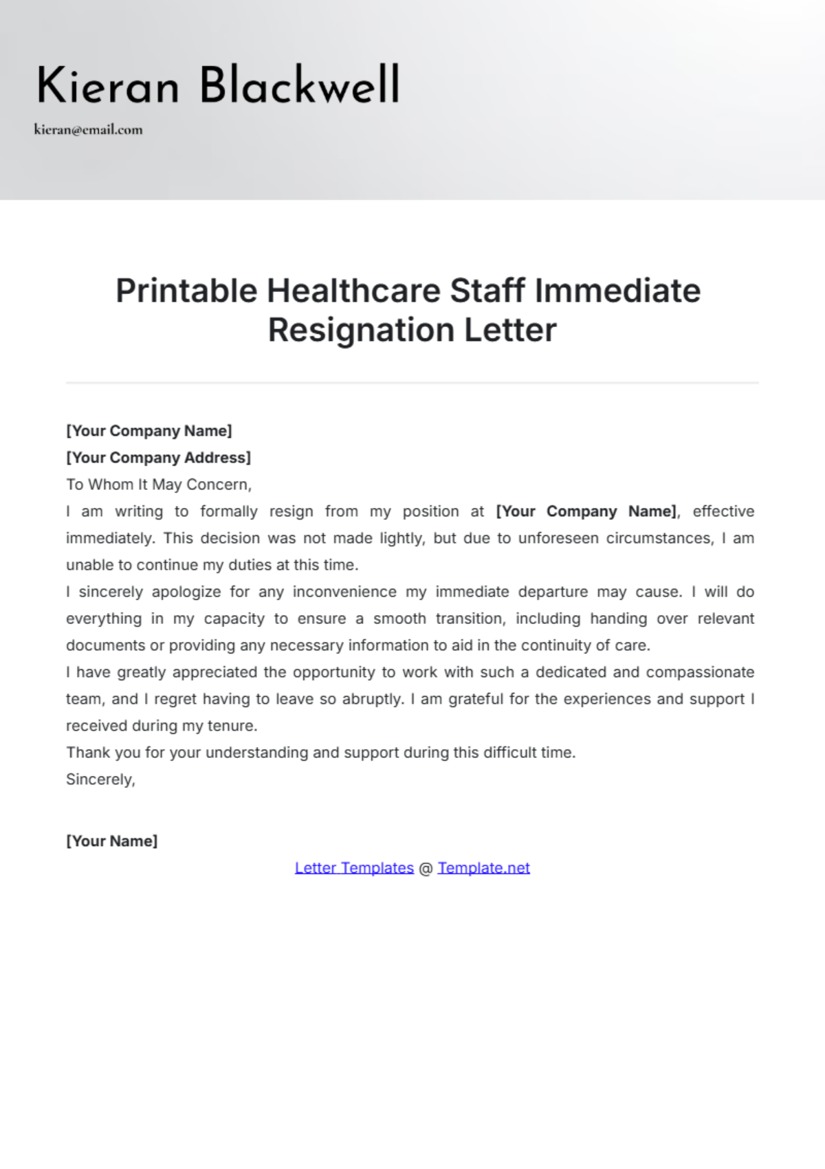 Printable Healthcare Staff Immediate Resignation Letter Template - Edit Online & Download