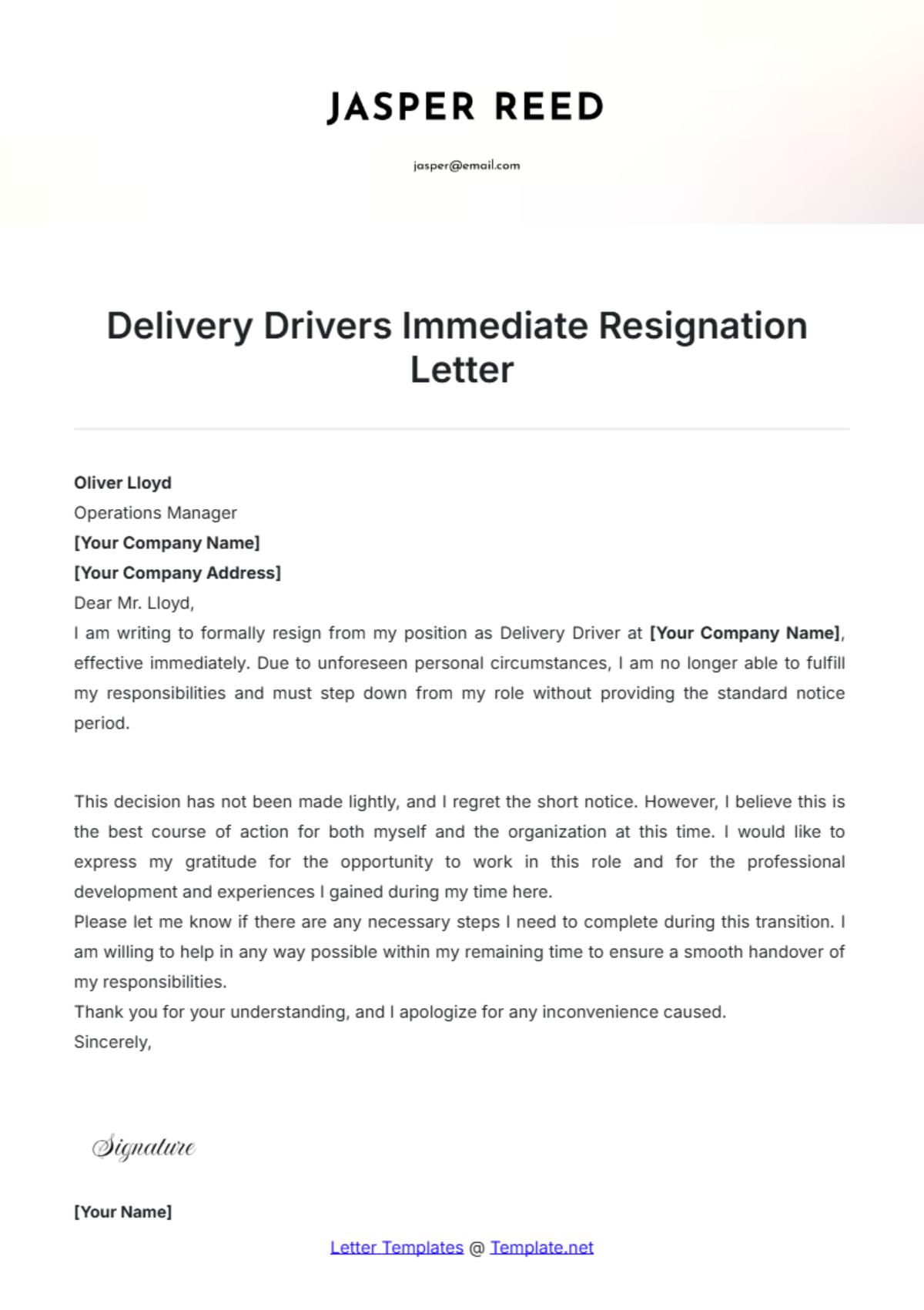 Delivery Drivers Immediate Resignation Letter Template - Edit Online & Download