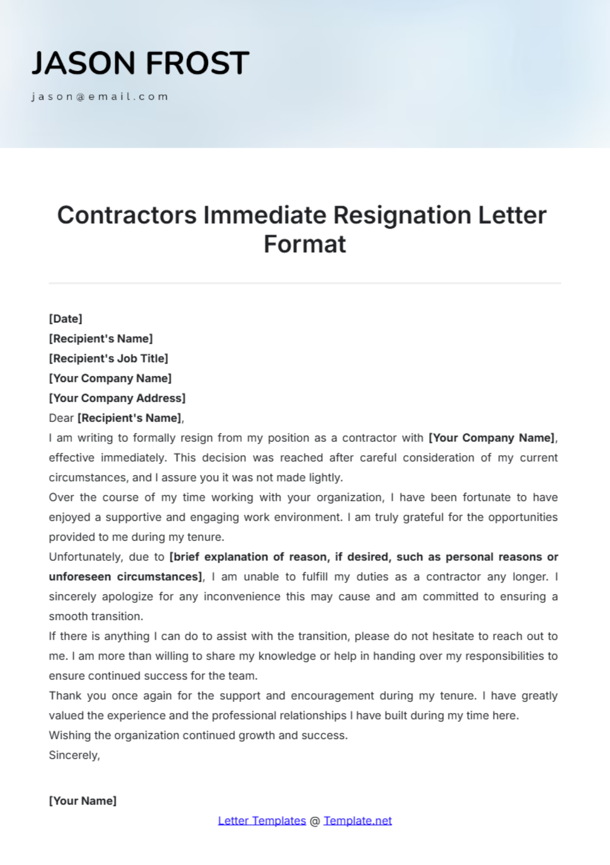 Contractors Immediate Resignation Letter Format Template - Edit Online & Download