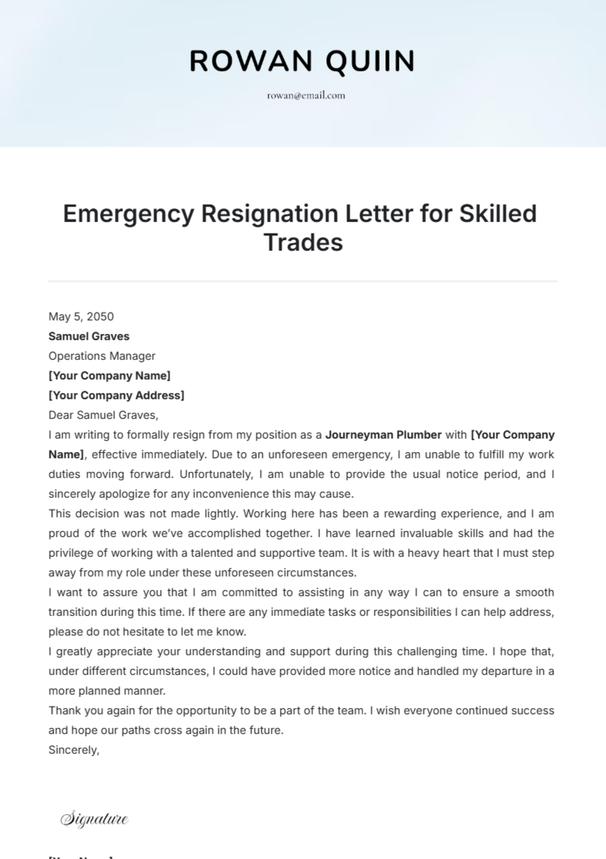 Emergency Resignation Letter for Skilled Trades Template - Edit Online & Download