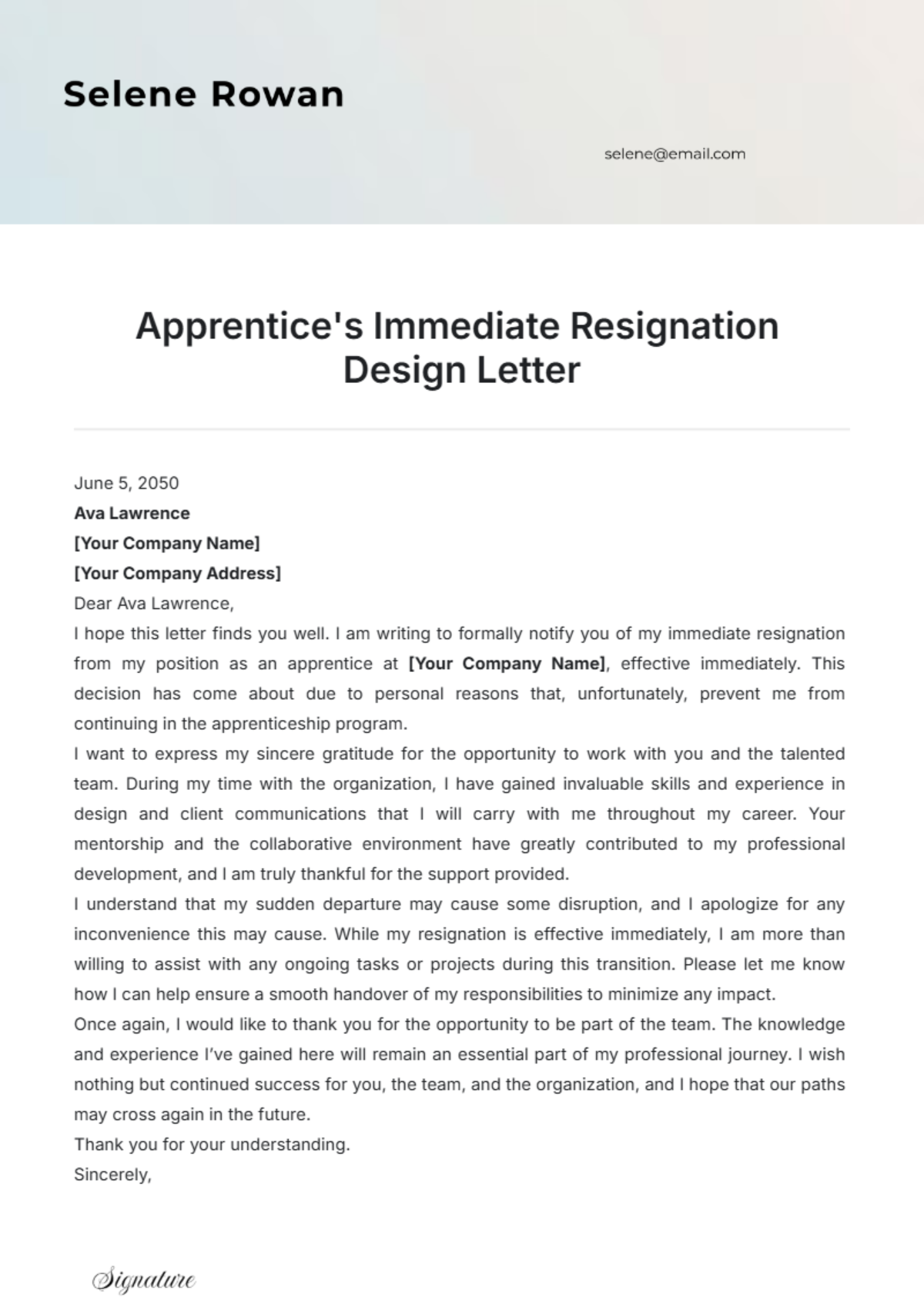 Apprentices Immediate Resignation Design Letter Template - Edit Online & Download