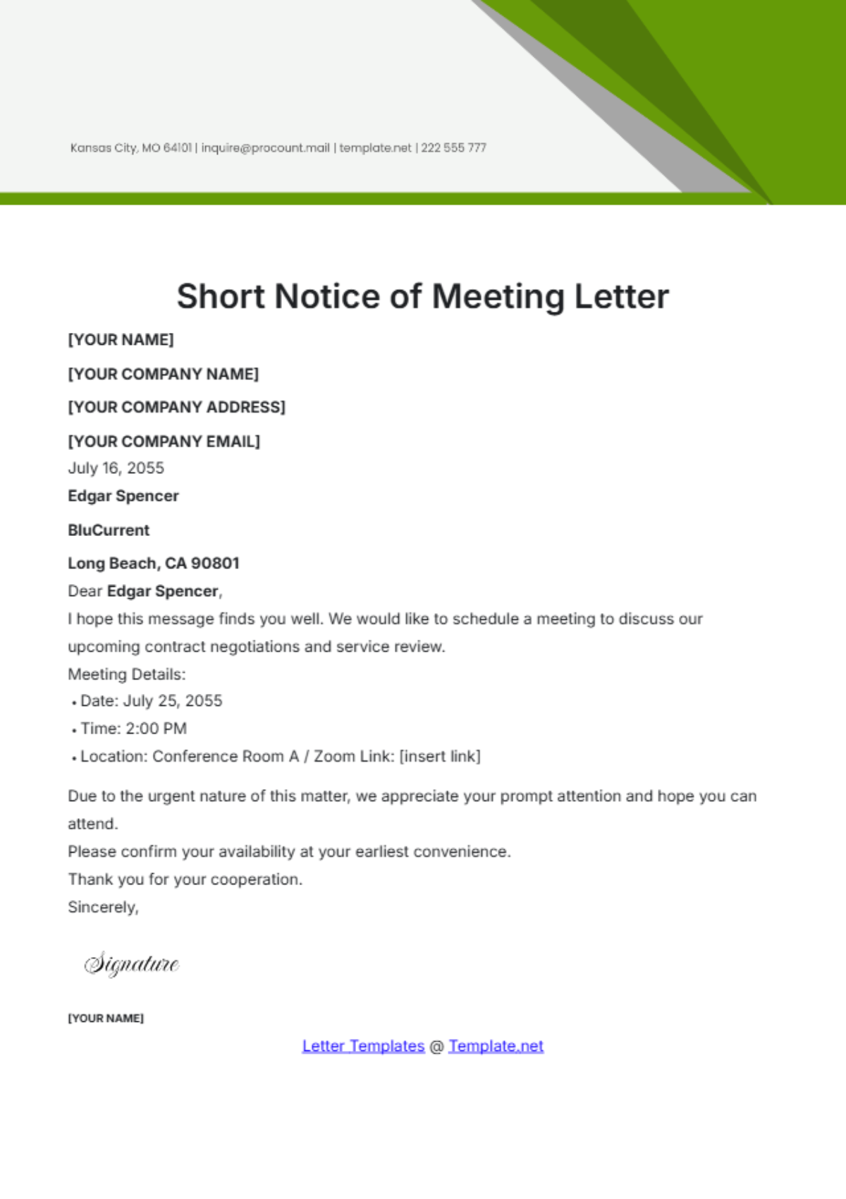 Short Notice of Meeting Letter Template - Edit Online & Download