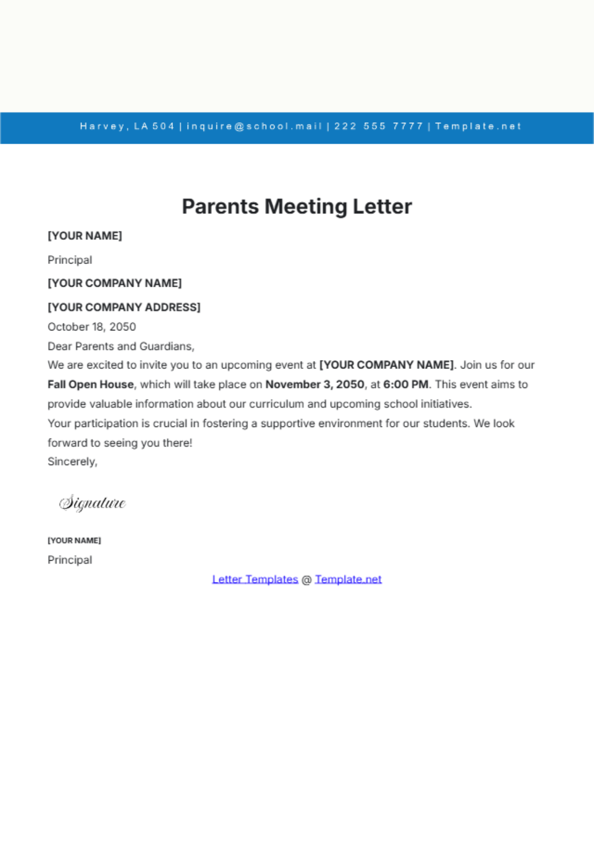 Parents Meeting Letter Template - Edit Online & Download