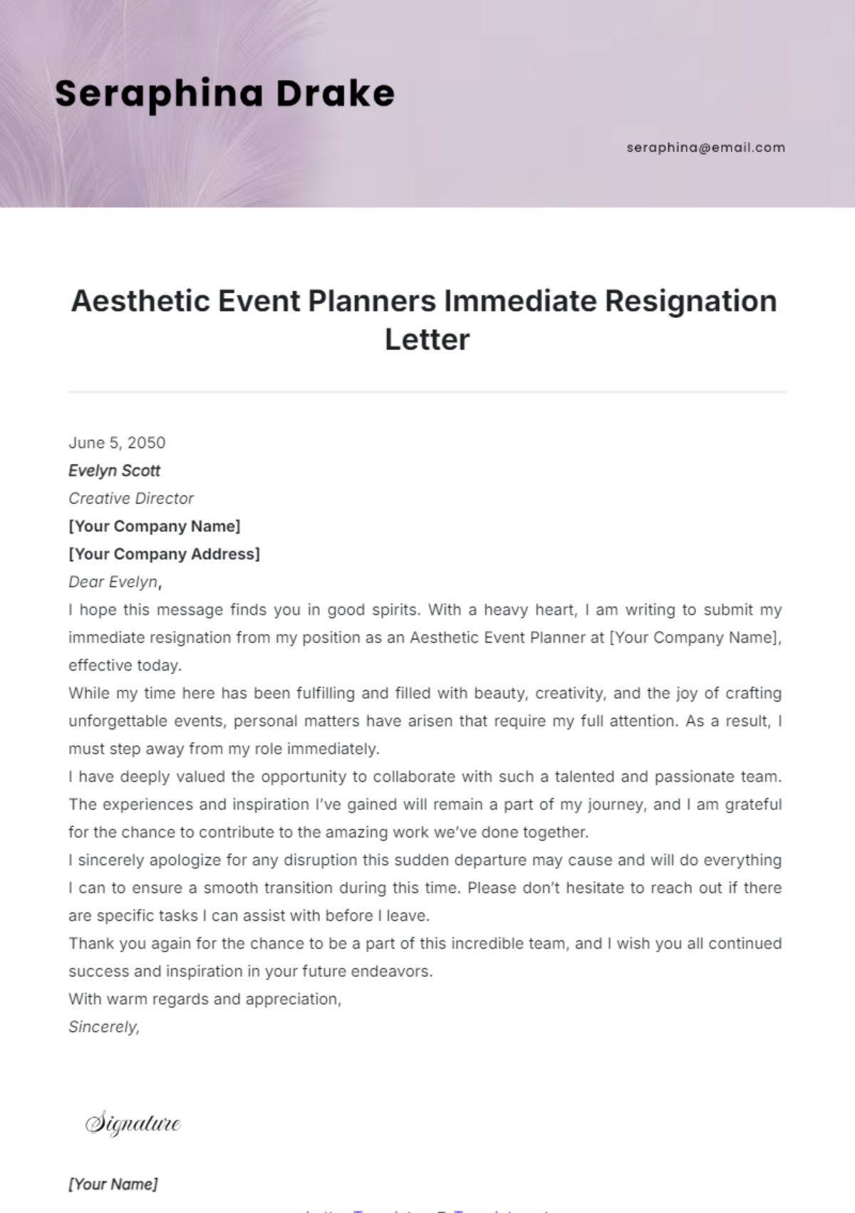 Aesthetic Event Planners Immediate Resignation Letter Template - Edit Online & Download