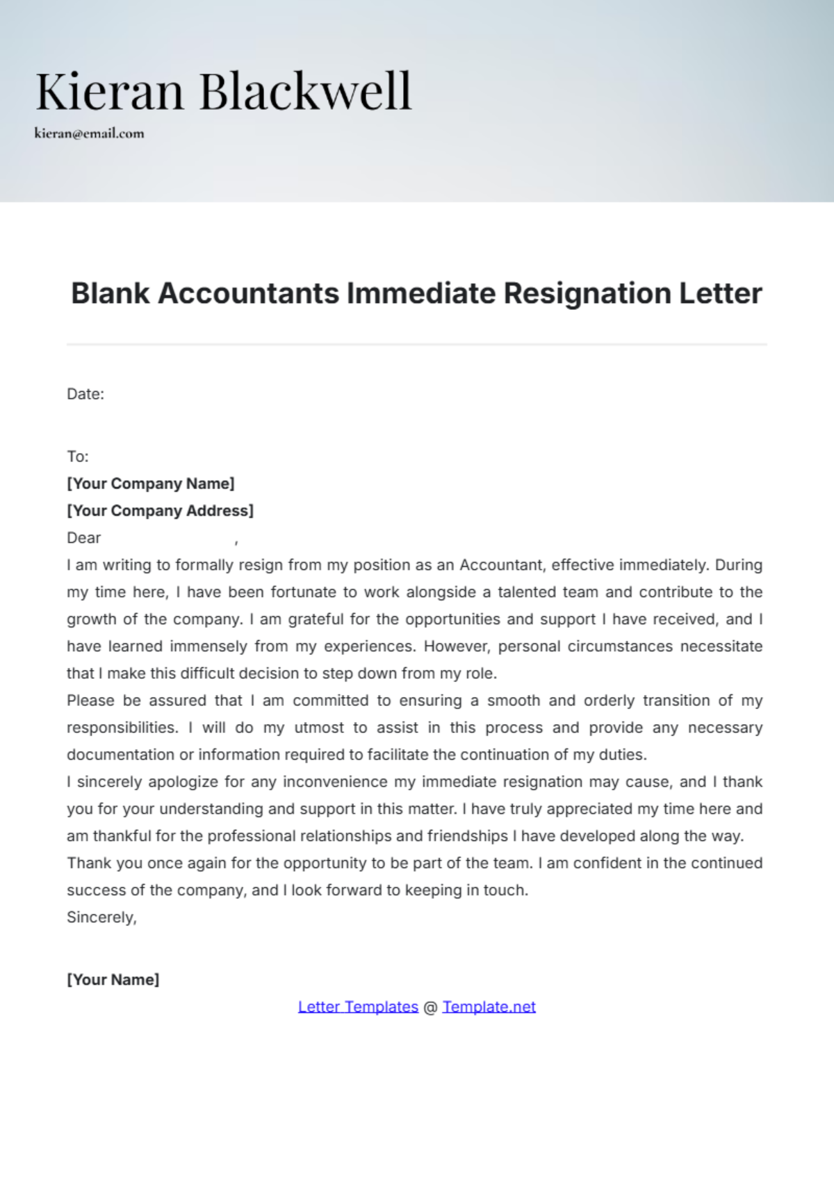 Blank Accountants Immediate Resignation Letter Template - Edit Online & Download