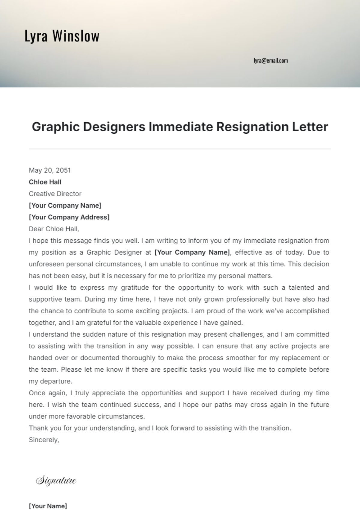 Graphic Designers Immediate Resignation Letter Template - Edit Online & Download