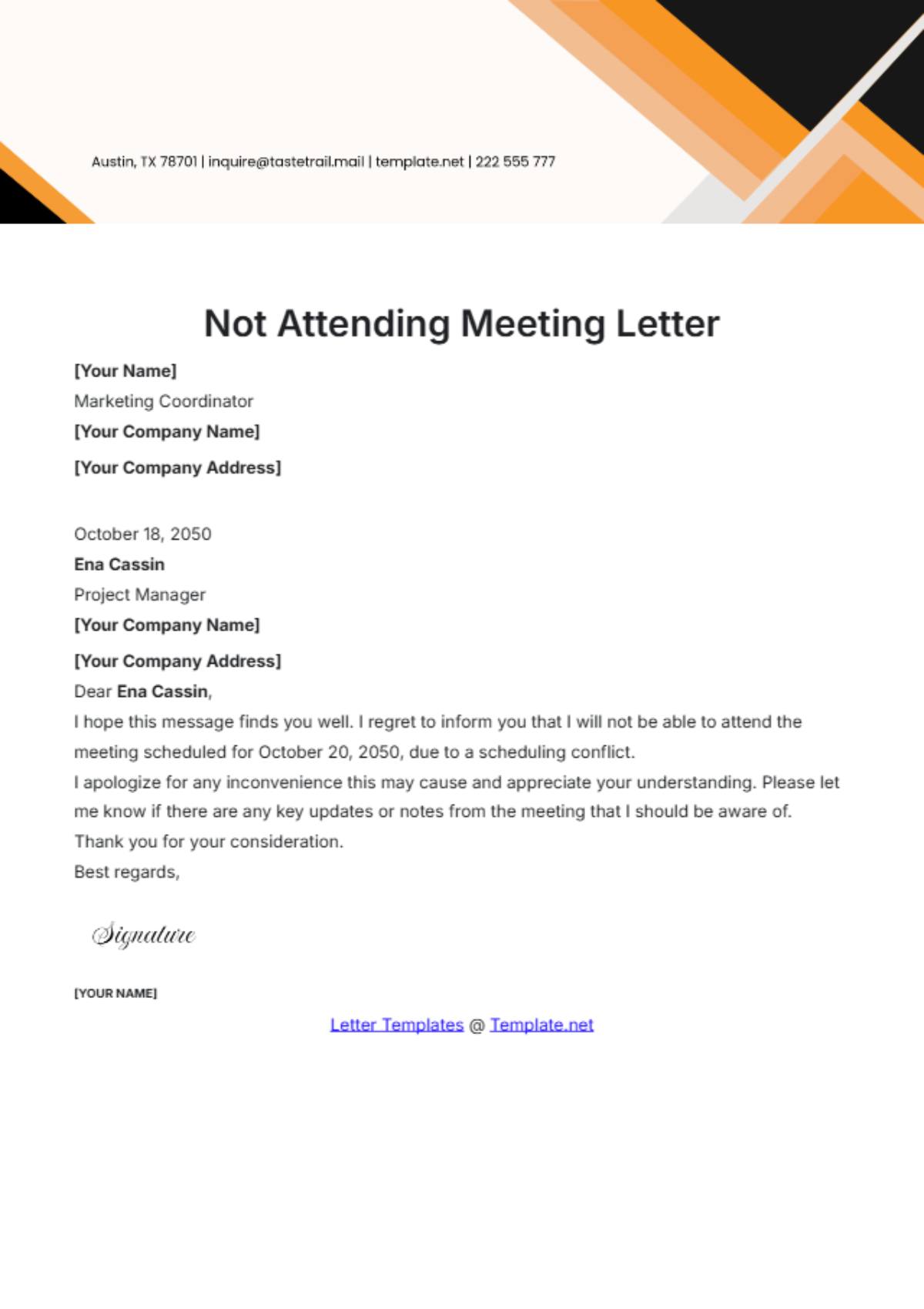 Not Attending Meeting Letter Template - Edit Online & Download