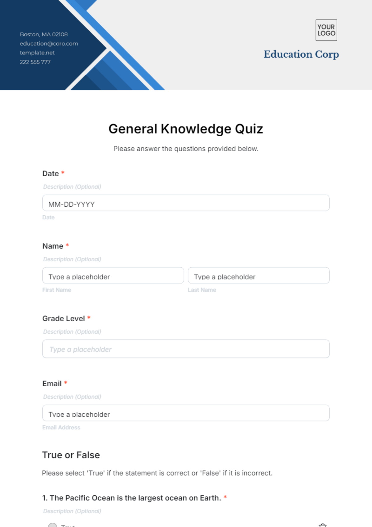 General Knowledge Quiz Template