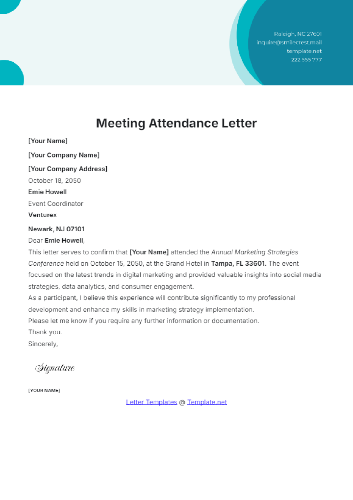 Meeting Attendance Letter Template - Edit Online & Download