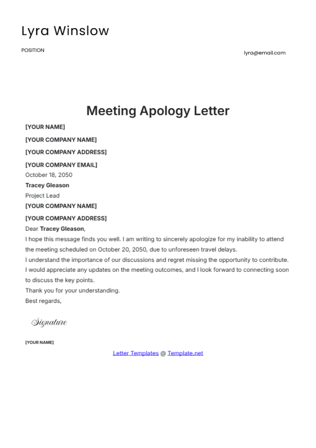 Meeting Apology Letter Template - Edit Online & Download