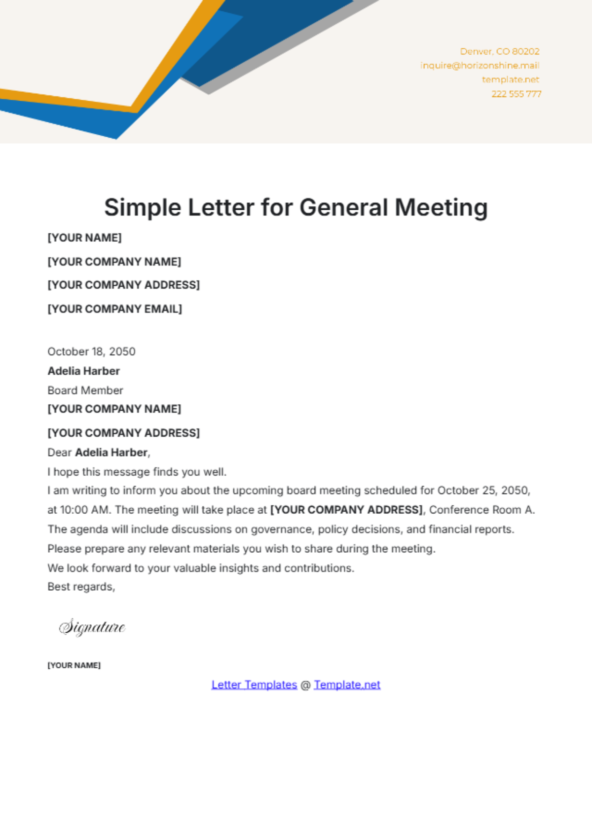 Simple Letter for General Meeting Template - Edit Online & Download