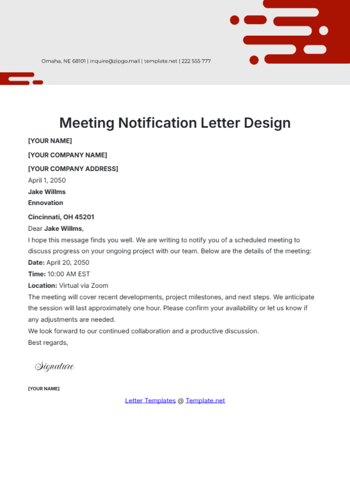 Meeting Notification Letter Design Template - Edit Online & Download