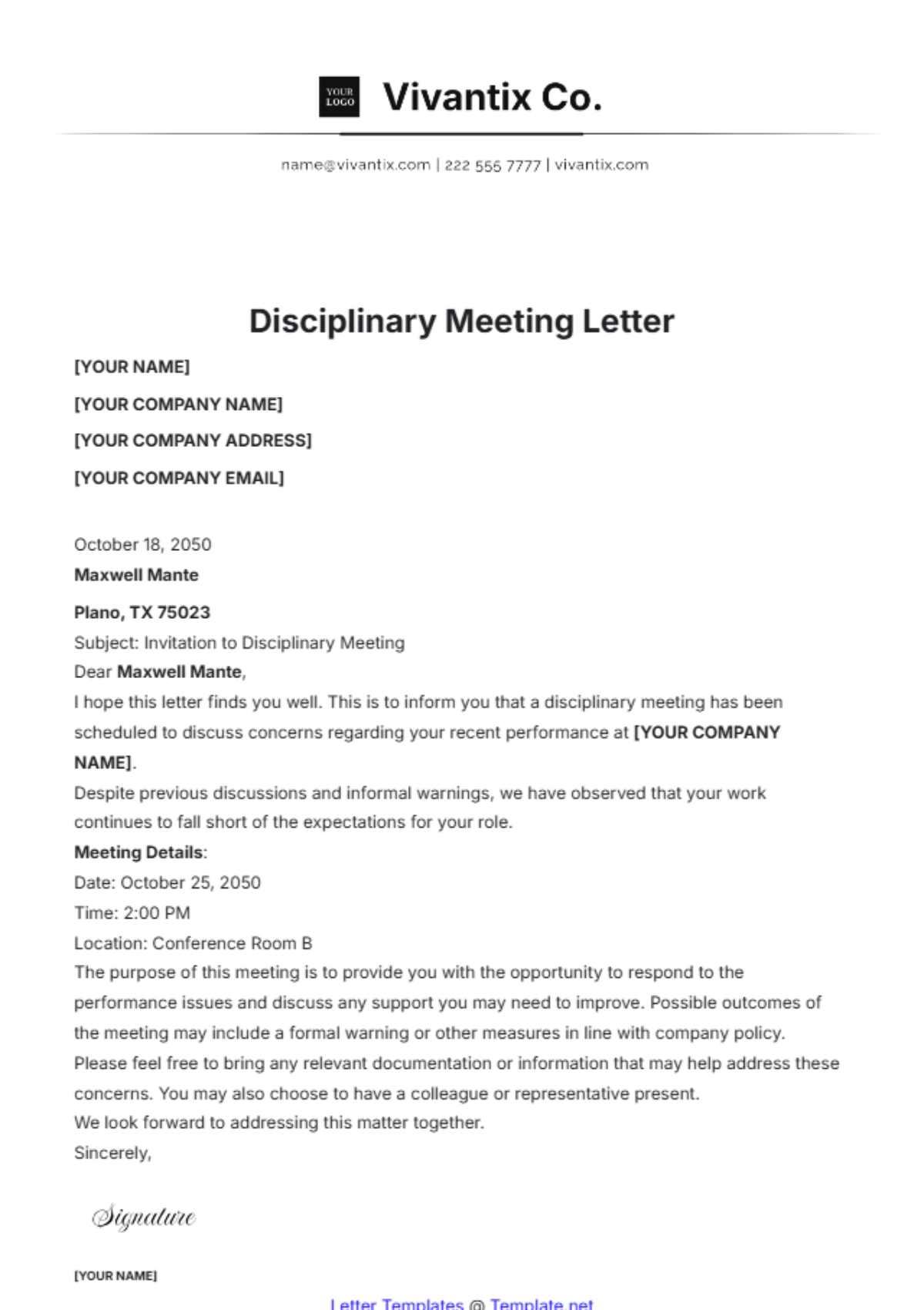 Disciplinary Meeting Letter Template - Edit Online & Download