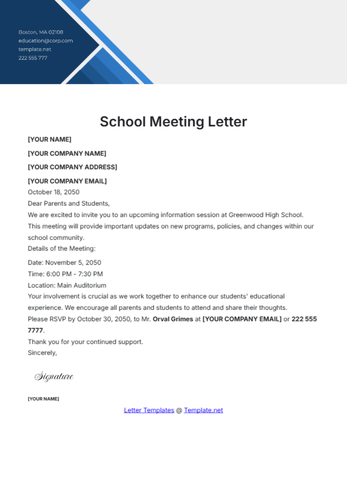 School Meeting Letter Template - Edit Online & Download