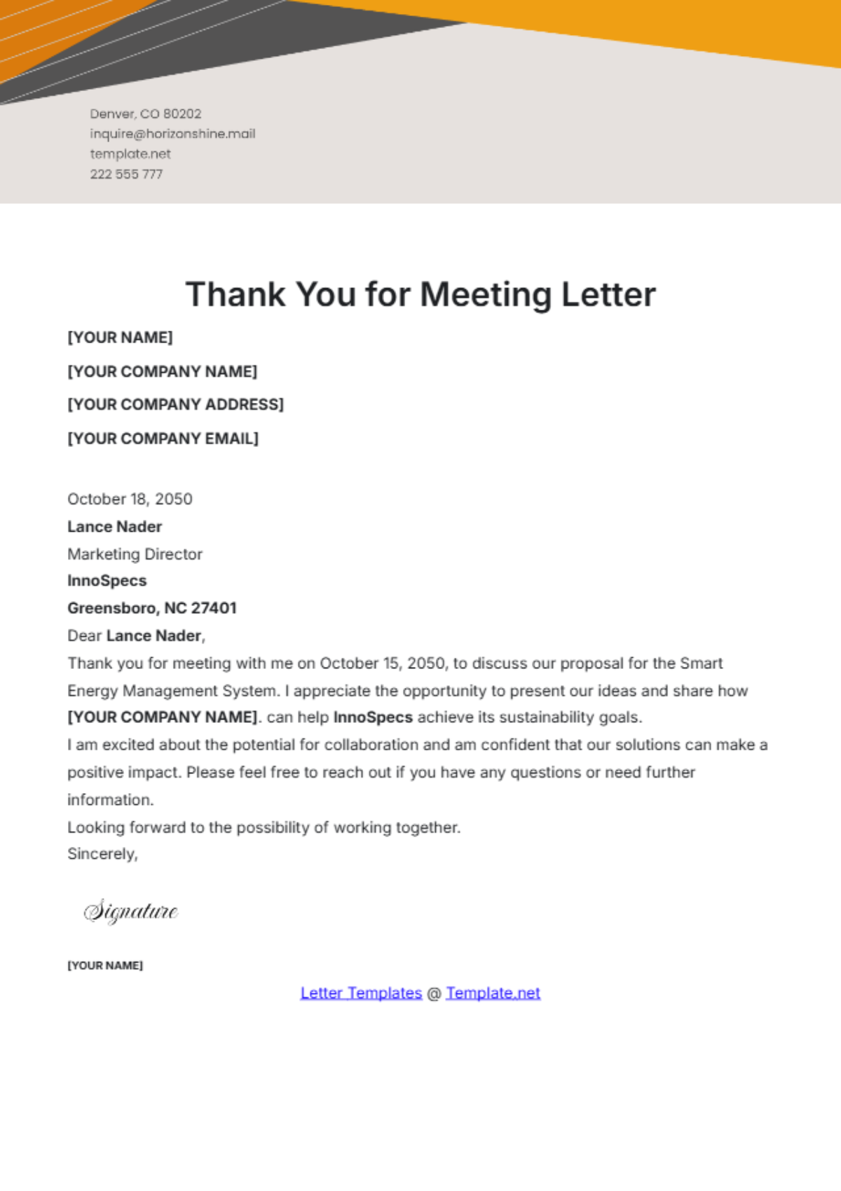 Thank You for Meeting Letter Template - Edit Online & Download