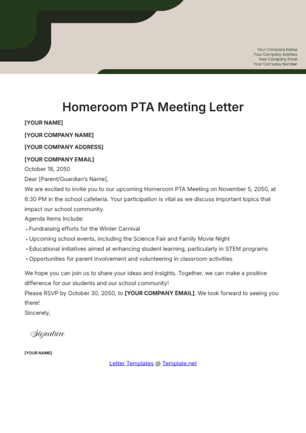 Homeroom PTA Meeting Letter Template - Edit Online & Download