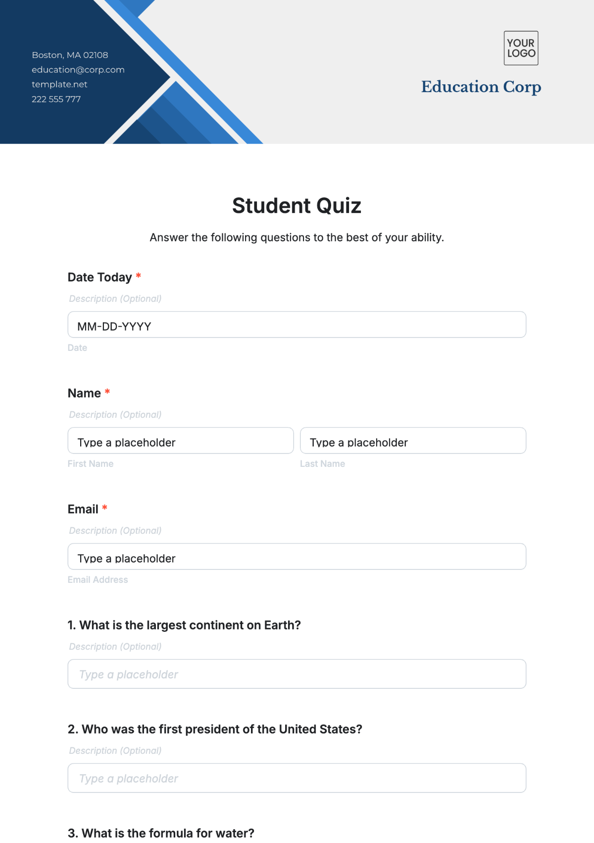 Student Quiz Template - Edit Online & Download