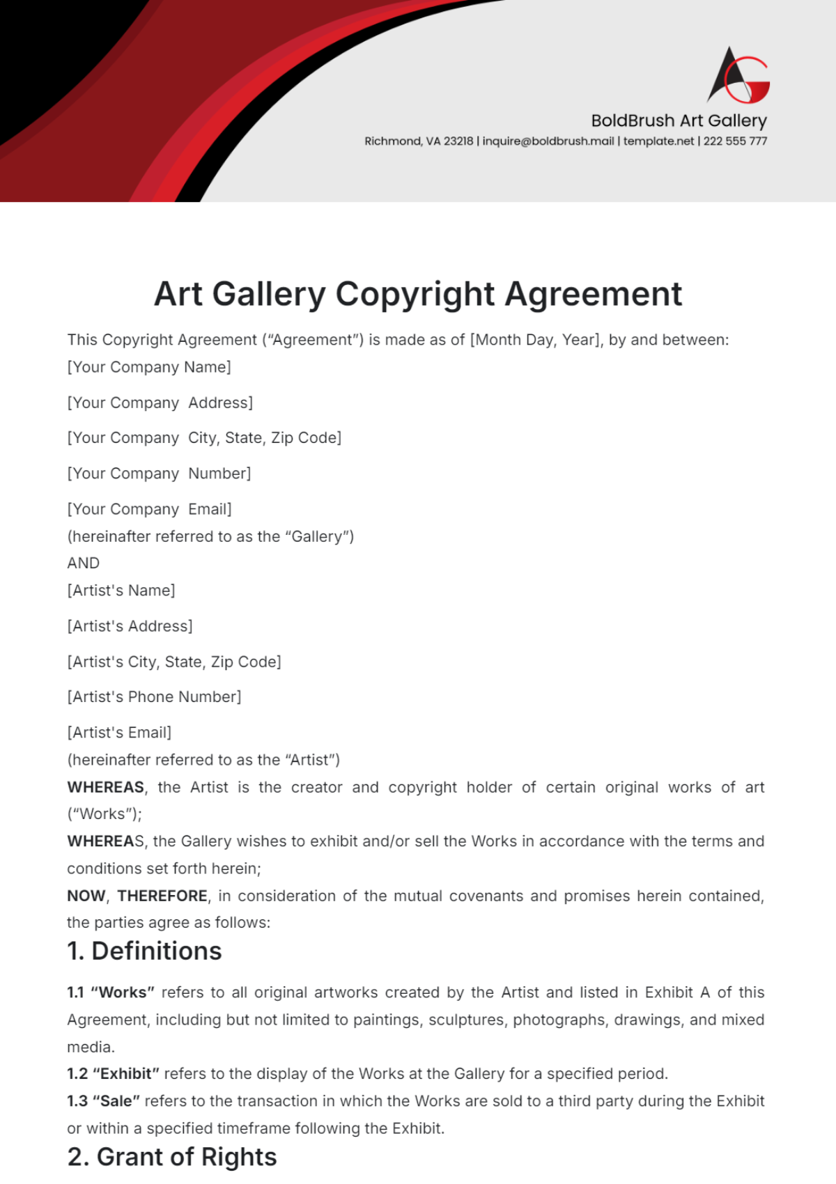 Art Gallery Copyright Agreement Template