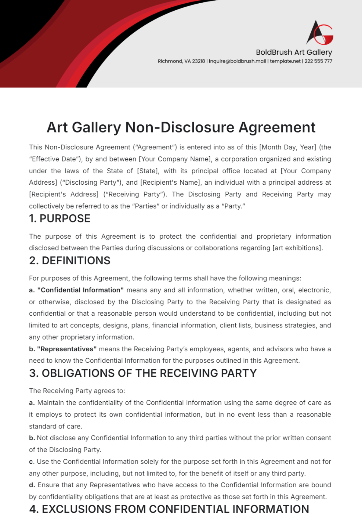 Art Gallery Non-Disclosure Agreement Template