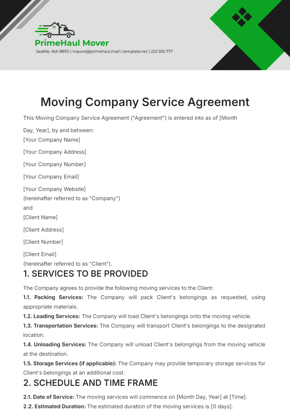 Moving Company Service Agreement Template