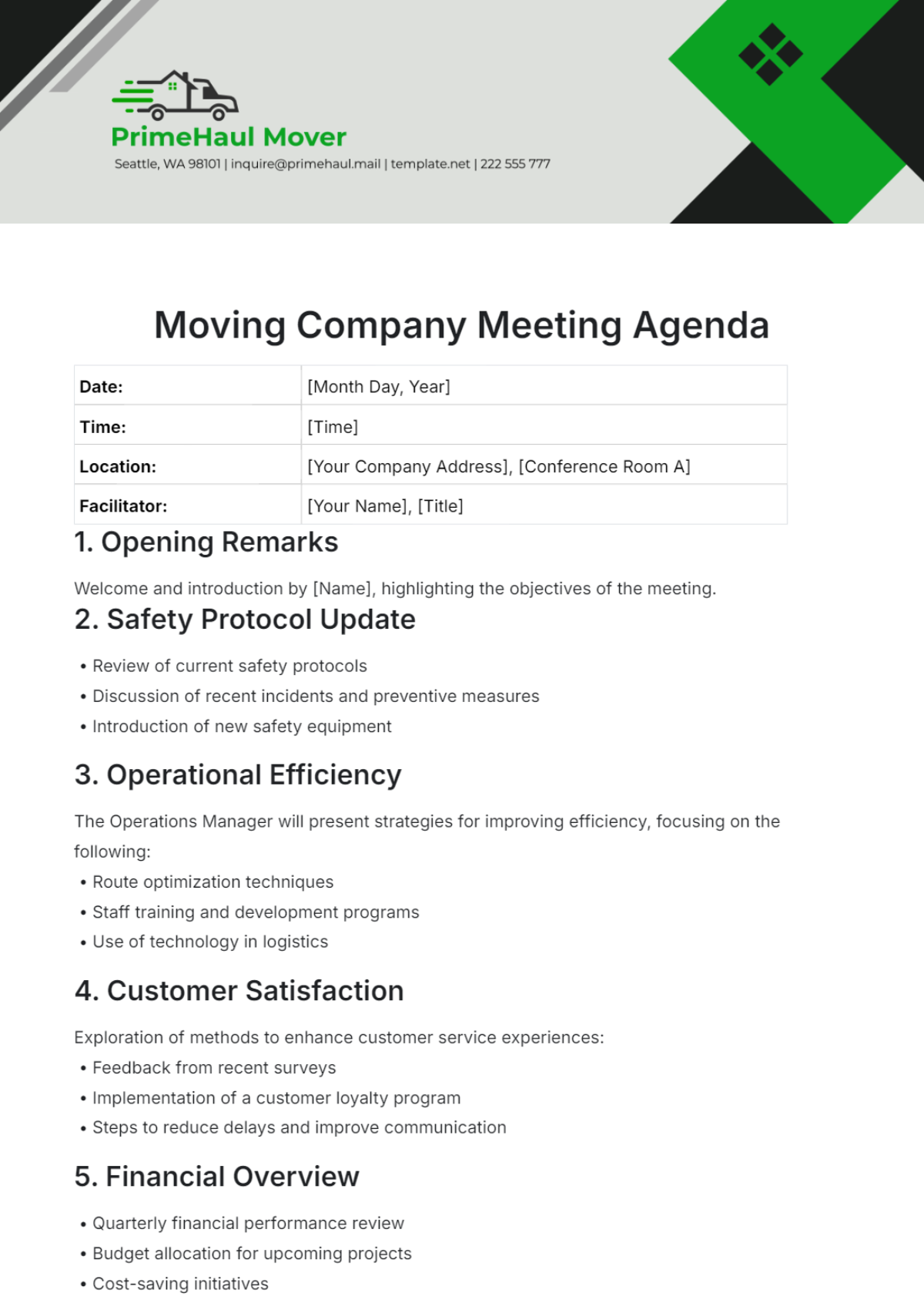 Moving Company Meeting Agenda Template - Edit Online & Download