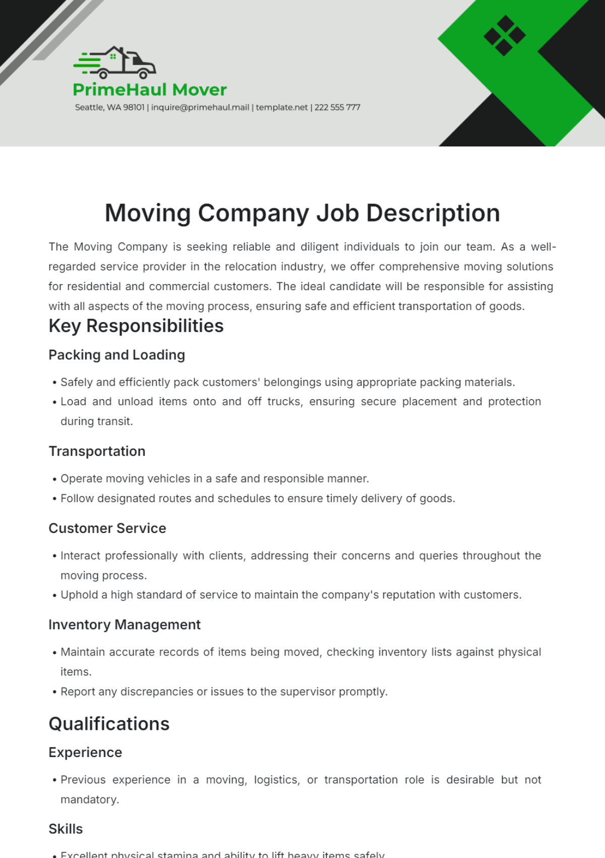 Moving Company Job Description Template - Edit Online & Download