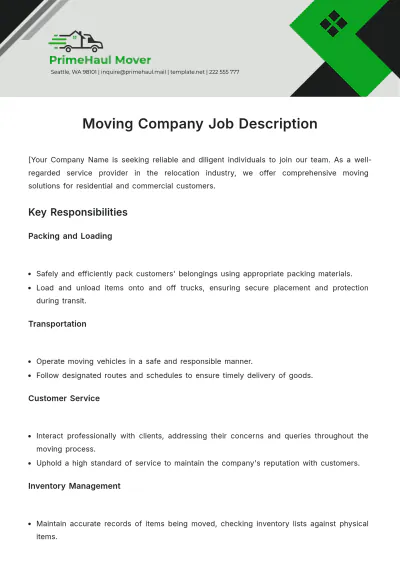 Free Moving Company Job Description Template to Edit Online