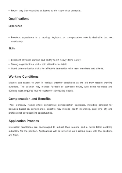 Free Moving Company Job Description Template to Edit Online
