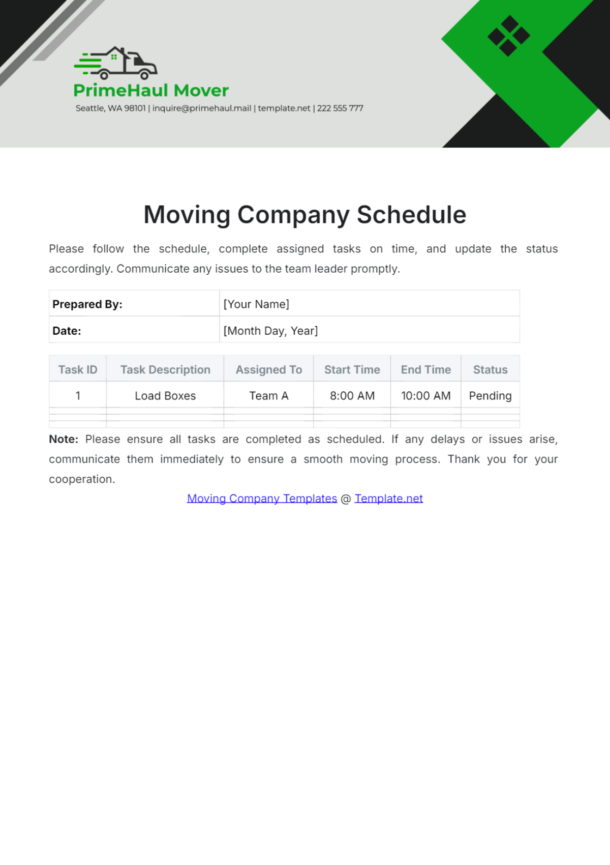 Moving Company Schedule Template - Edit Online & Download