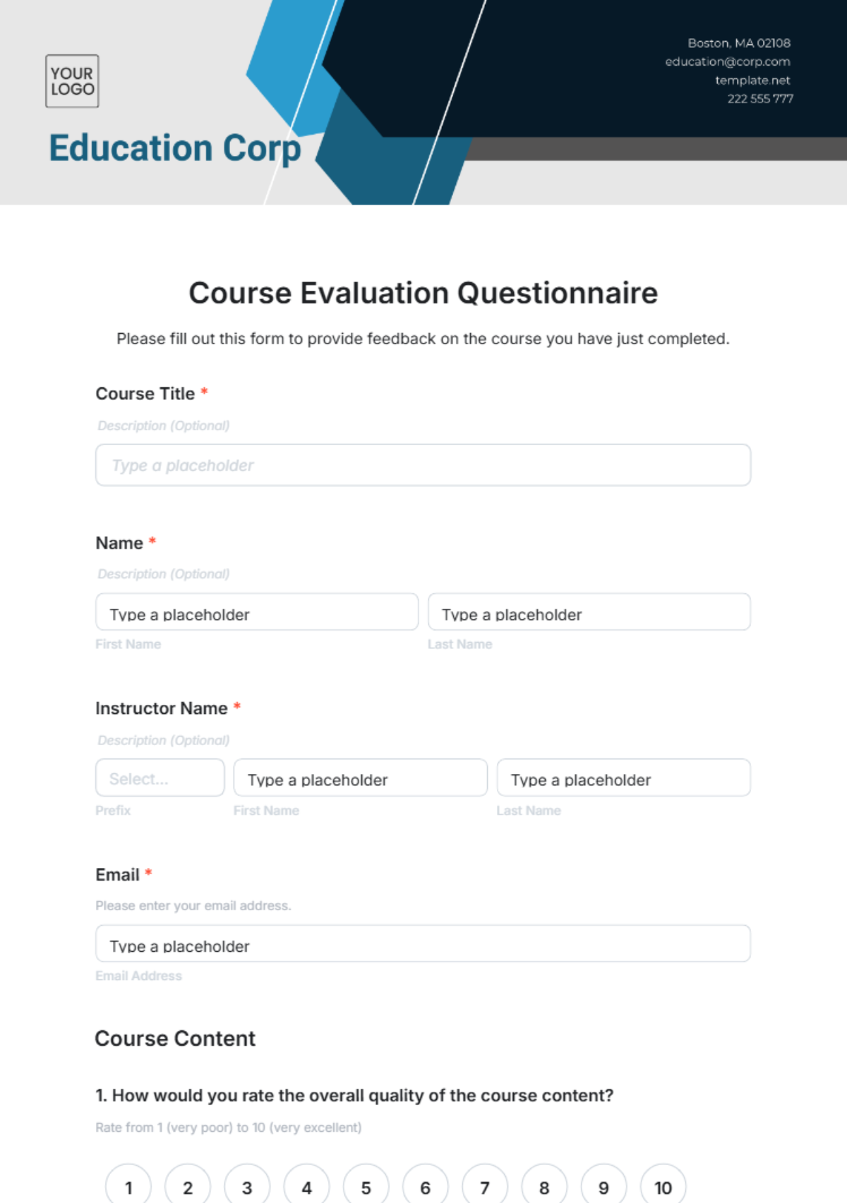 Course Evaluation Questionnaire Template