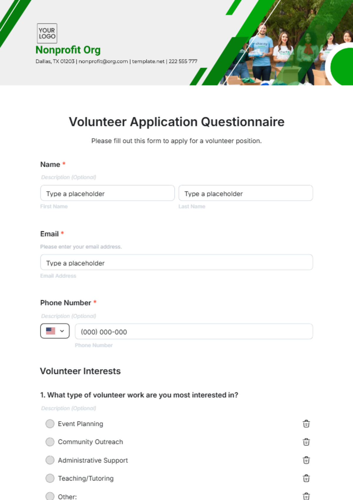 Volunteer Application Questionnaire Template