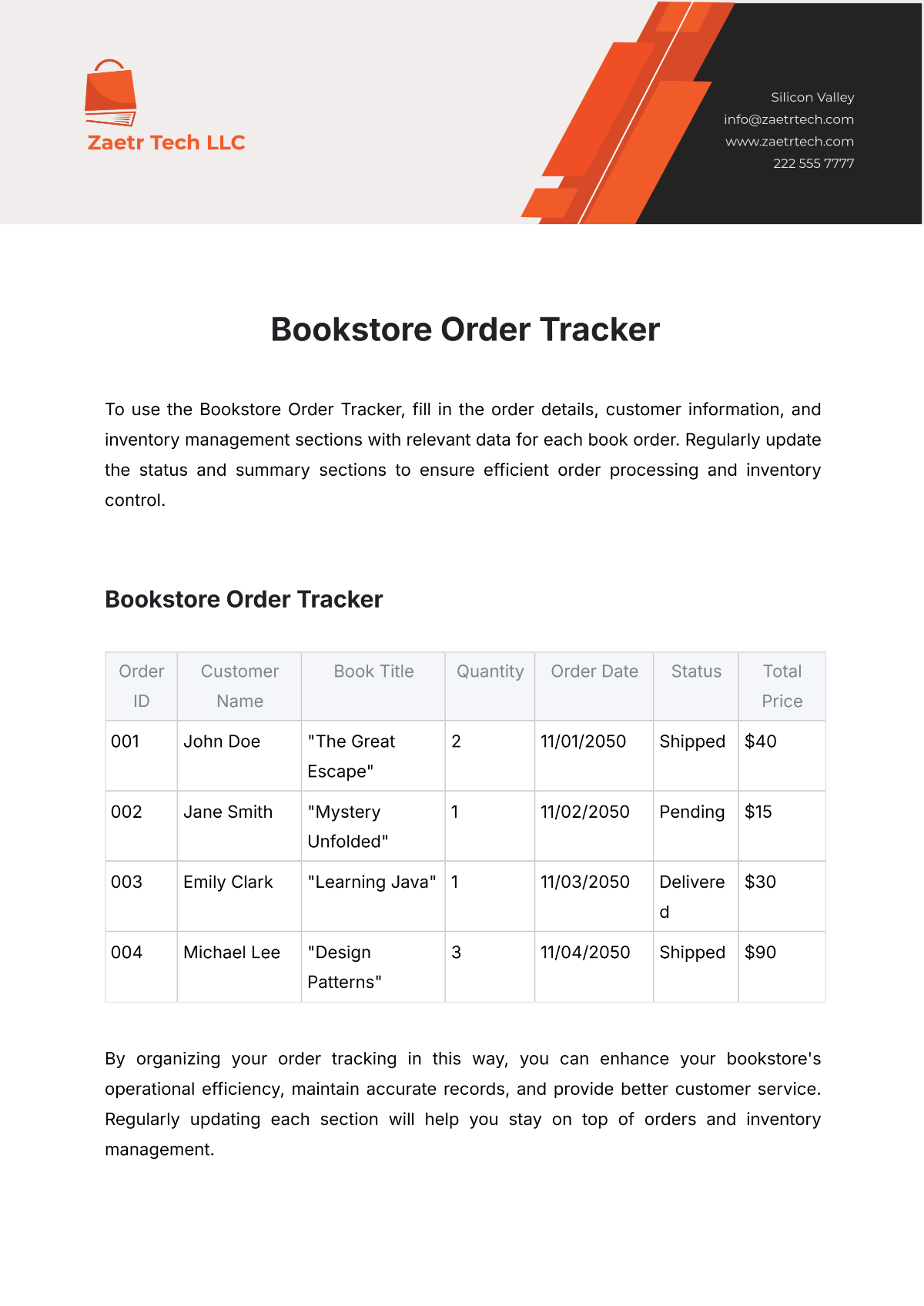 Free Bookstore Order Tracker Template