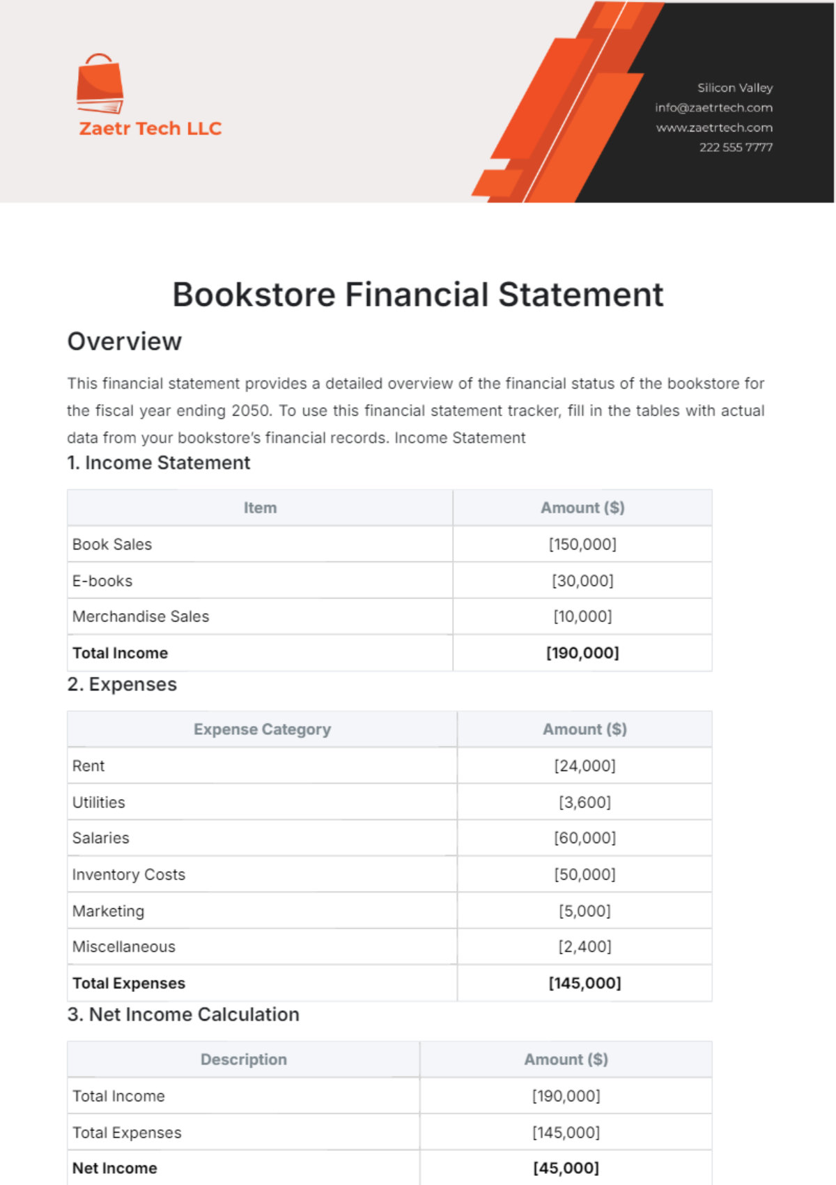 Bookstore Financial Statement Template