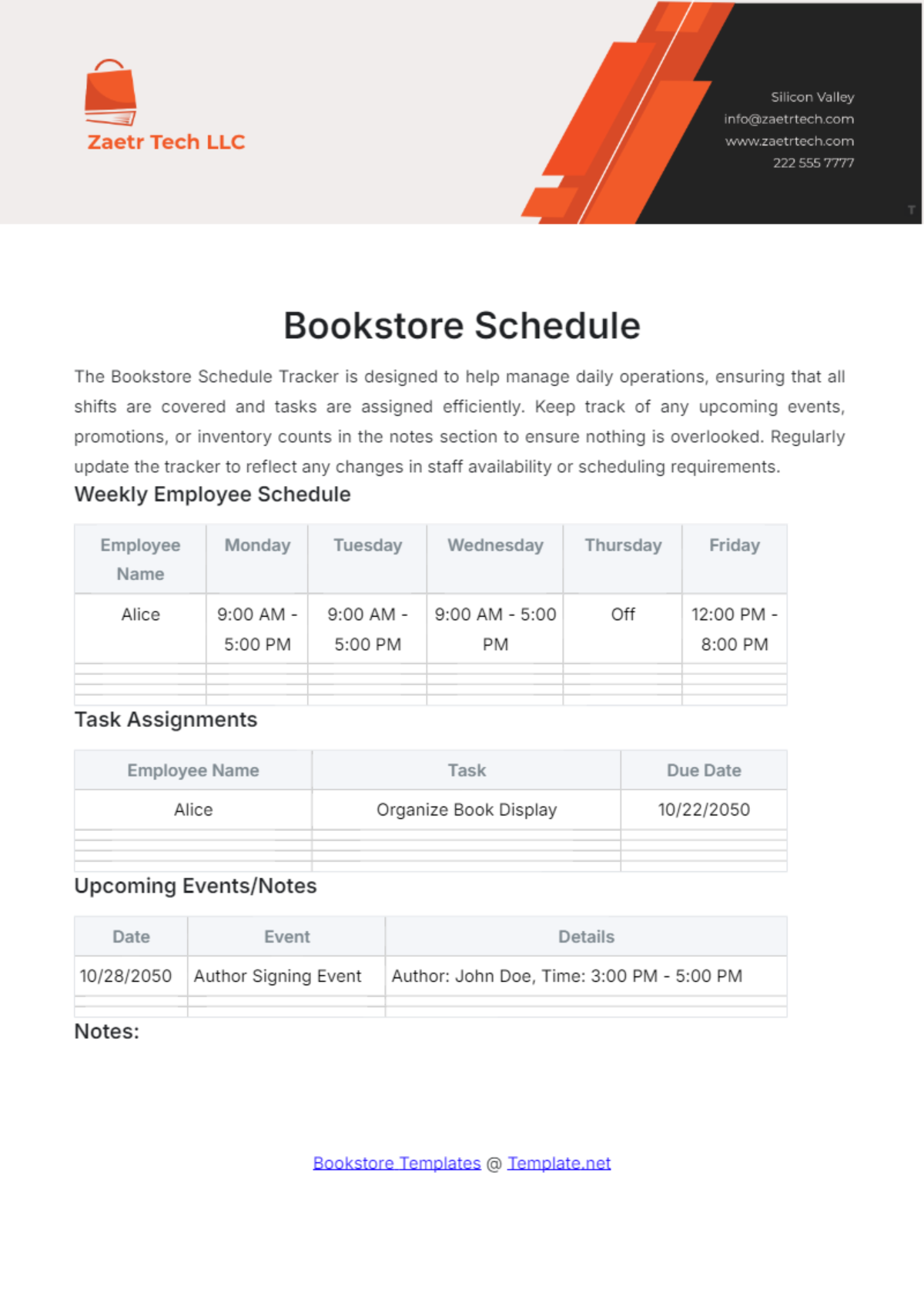 Free Bookstore Schedule Template