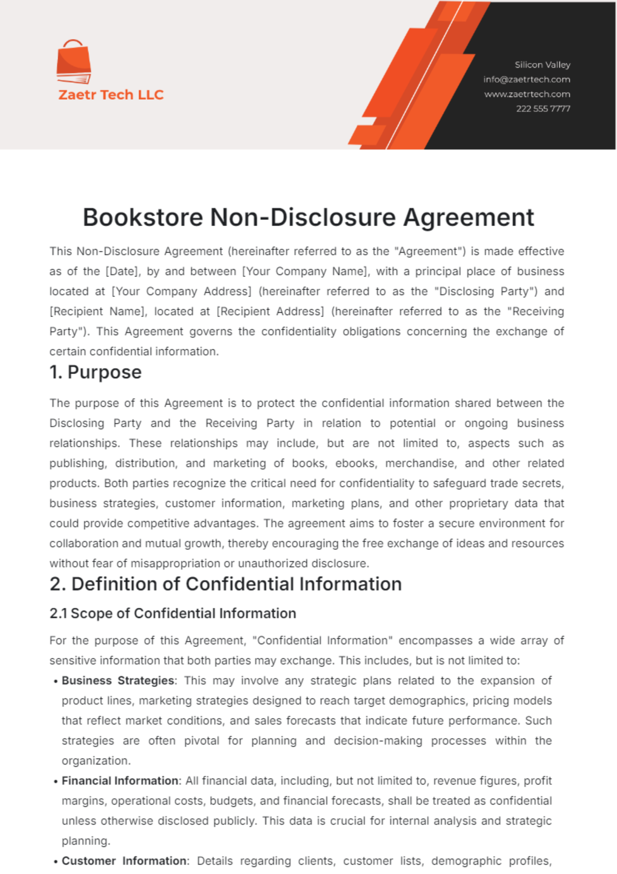 Bookstore Non-Disclosure Agreement Template