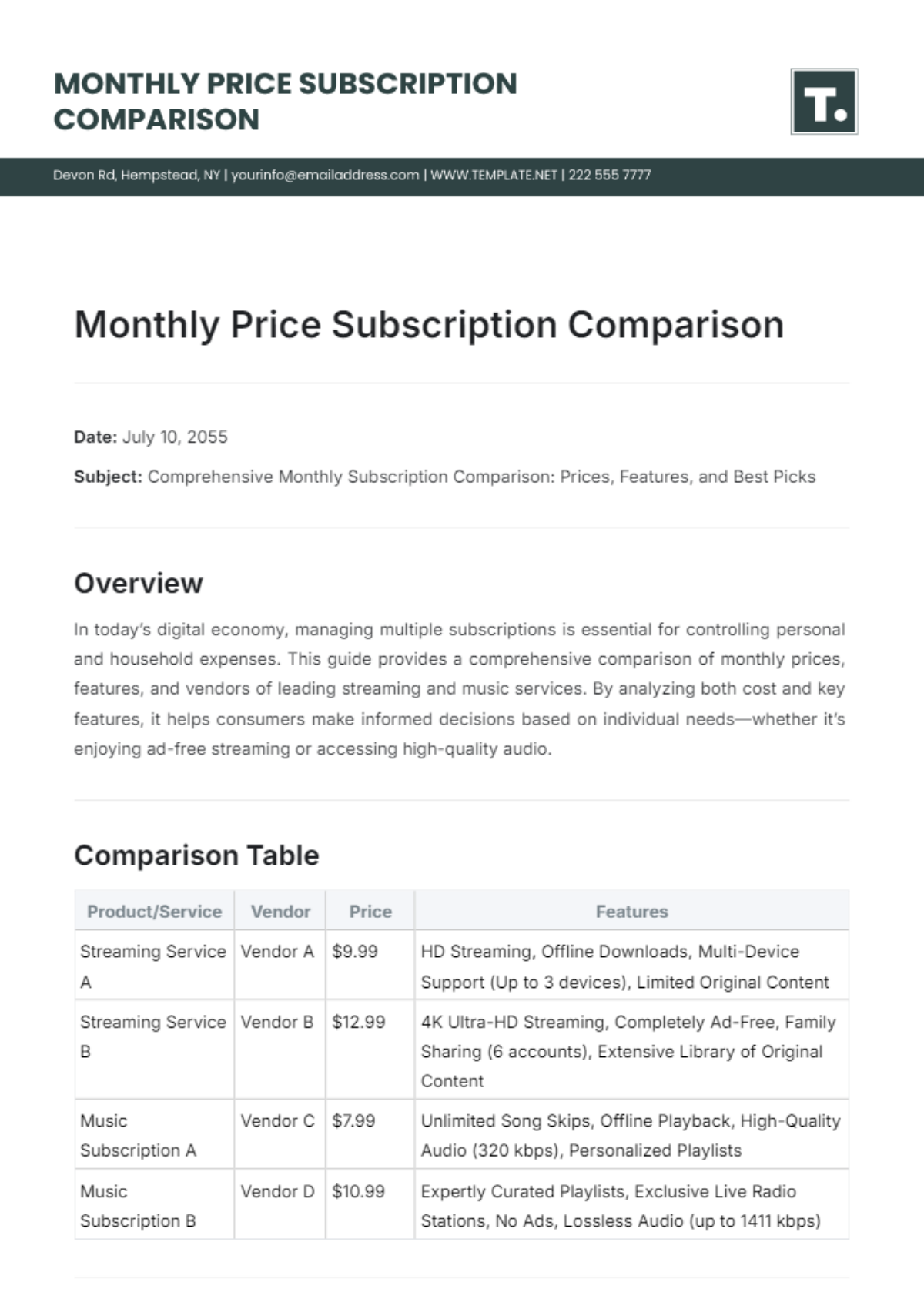 Monthly  Price Subscription Comparison Template