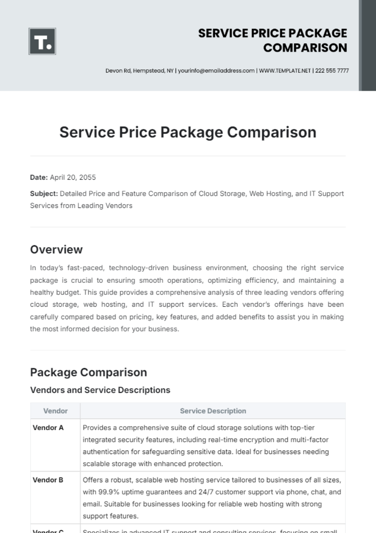 Service Price Package Comparison Template - Edit Online & Download