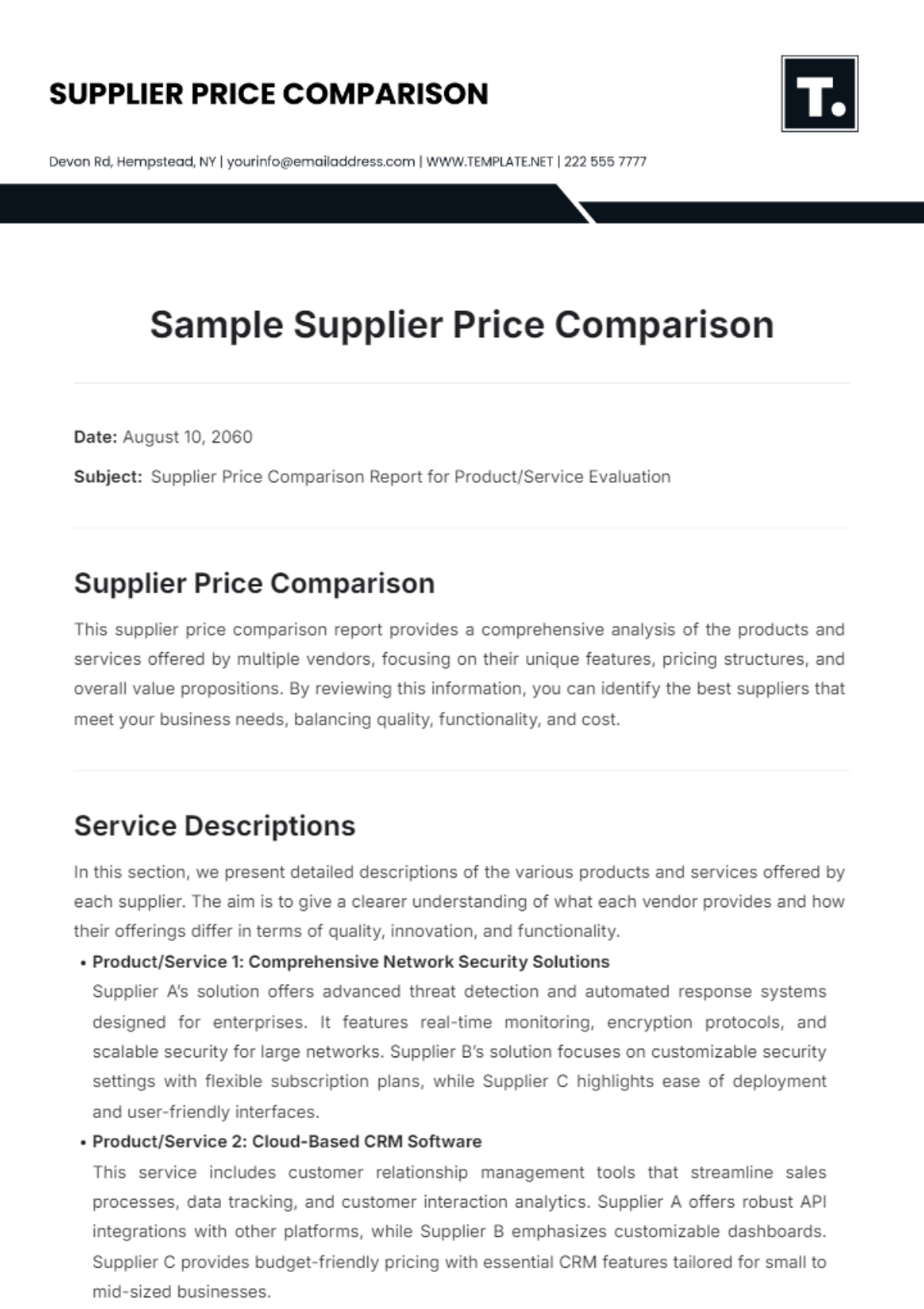 Sample Supplier Price Comparison Template - Edit Online & Download