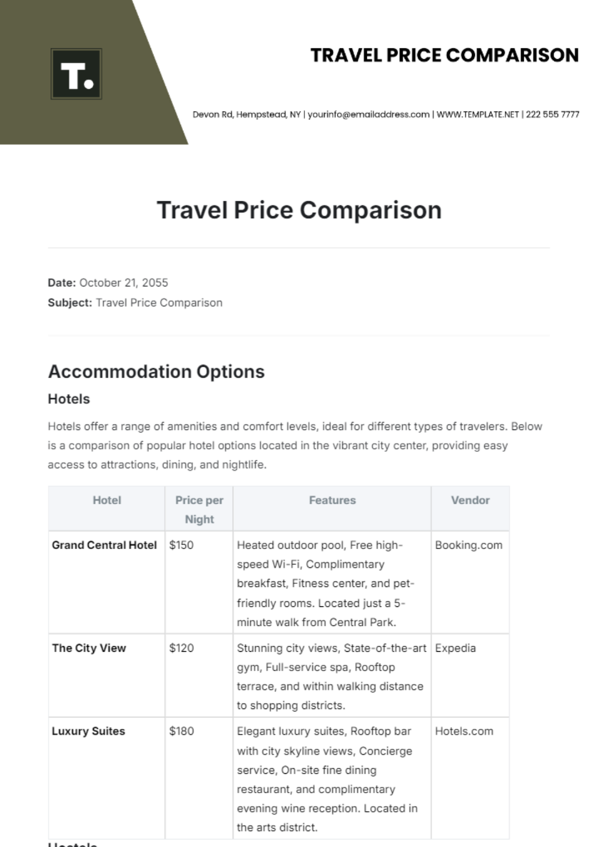 Travel Price Comparison Template - Edit Online & Download