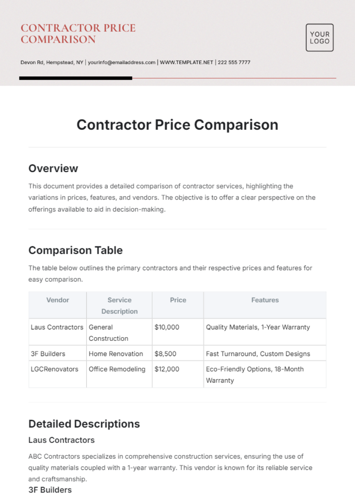 Contractor Price Comparison Template - Edit Online & Download