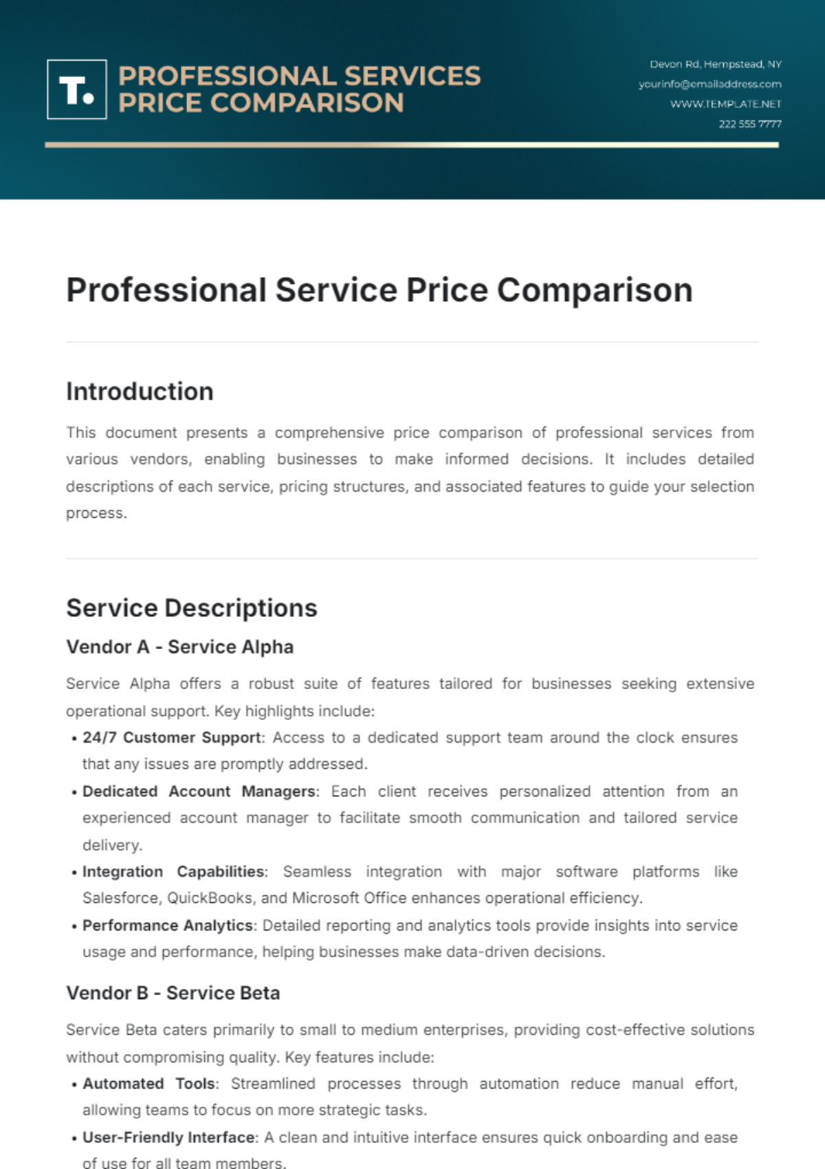 Professional Service Price Comparison Template - Edit Online & Download