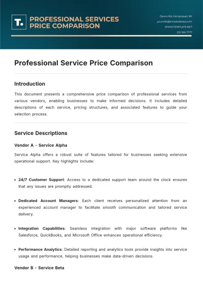 Free Professional Service Price Comparison Template to Edit Online