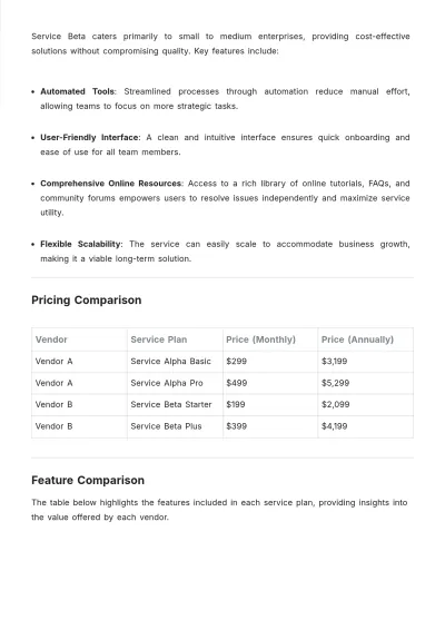 Free Professional Service Price Comparison Template to Edit Online