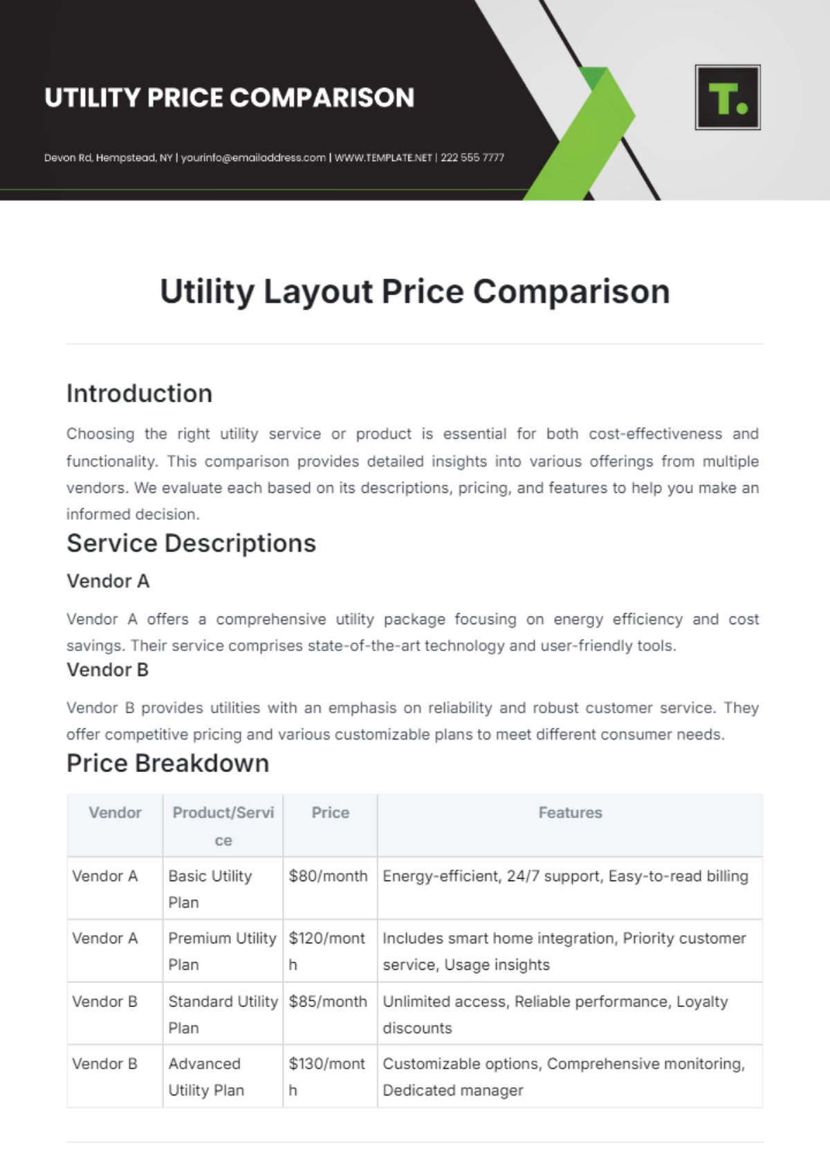 Utility Layout Price Comparison Template - Edit Online & Download