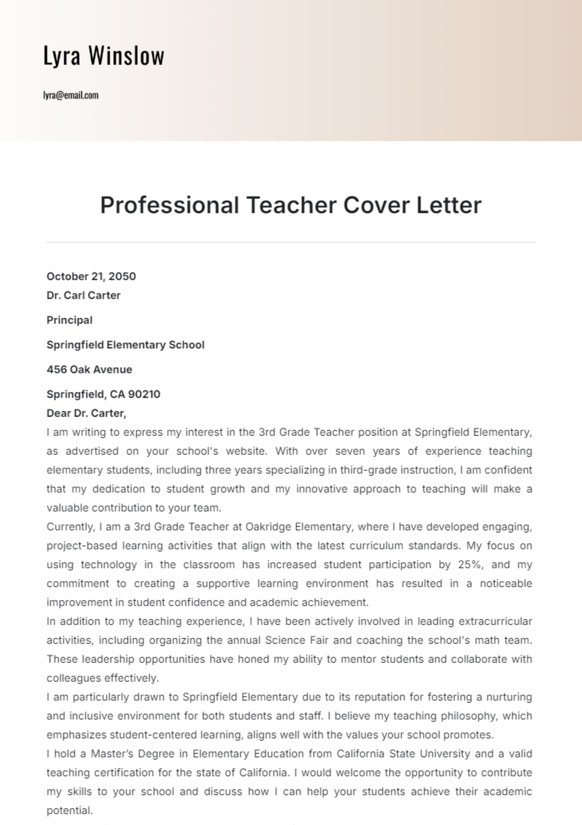 Professional Teacher Cover Letter Template - Edit Online & Download