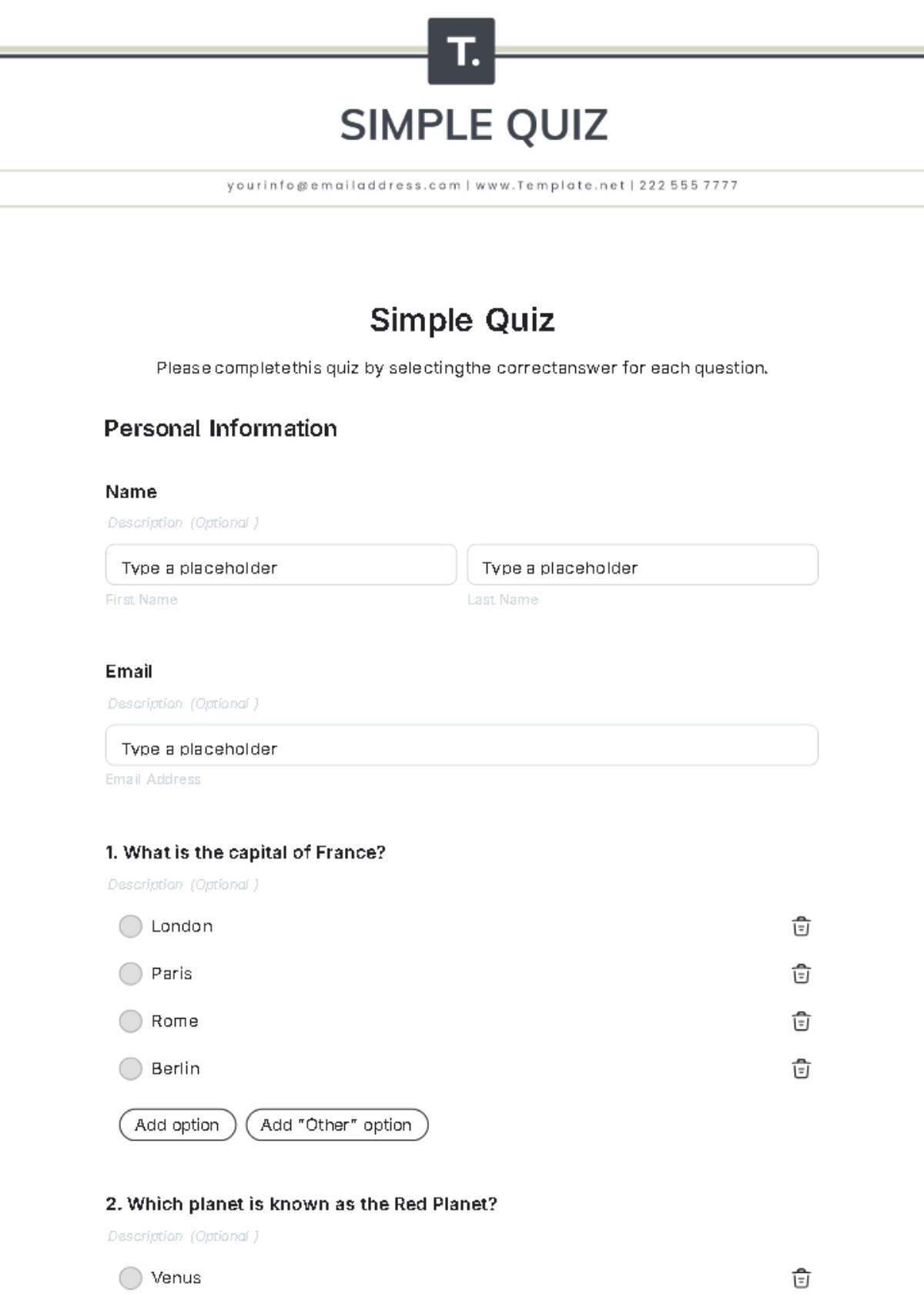 Simple Quiz Template - Edit Online & Download