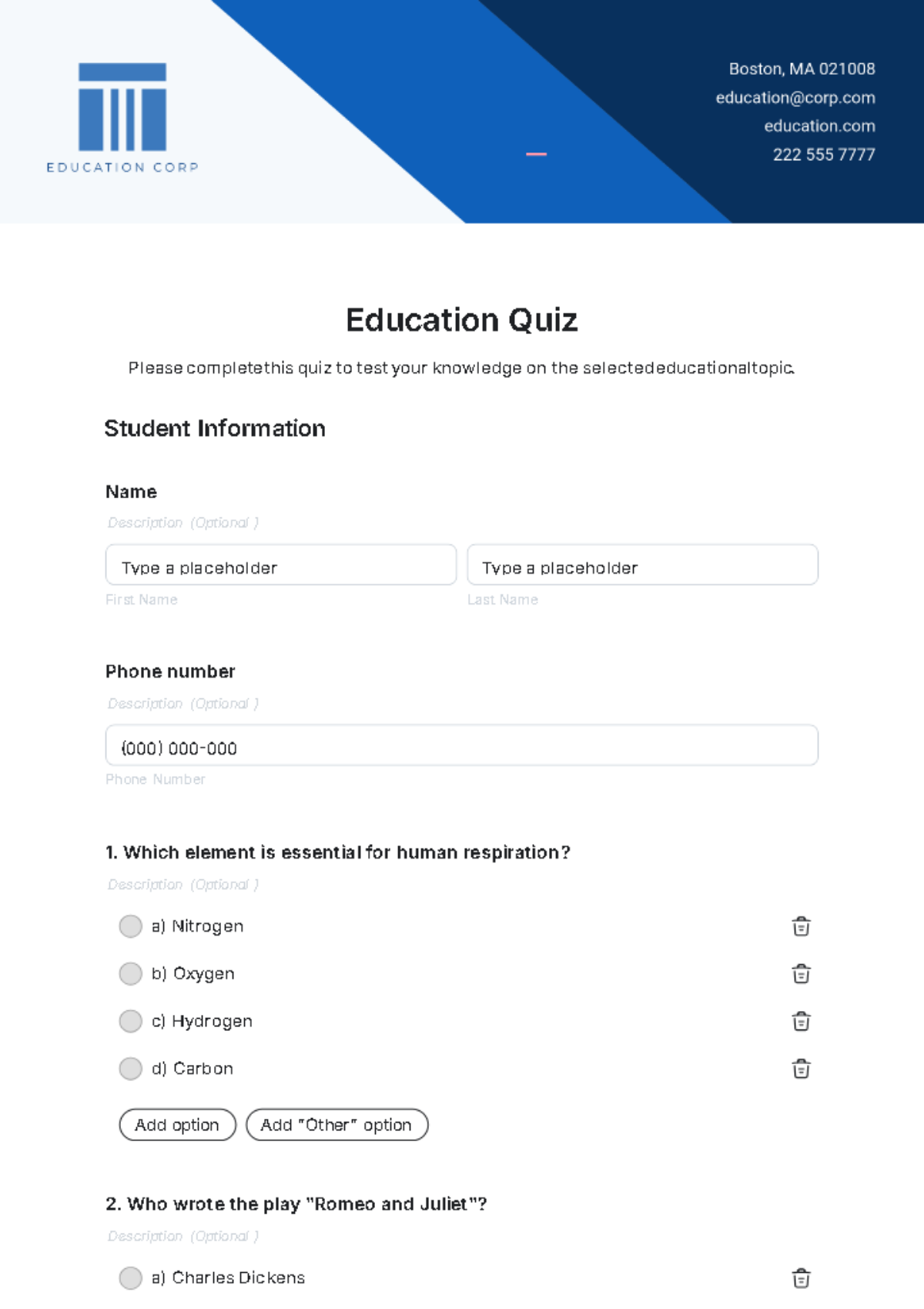 Education Quiz Template - Edit Online & Download