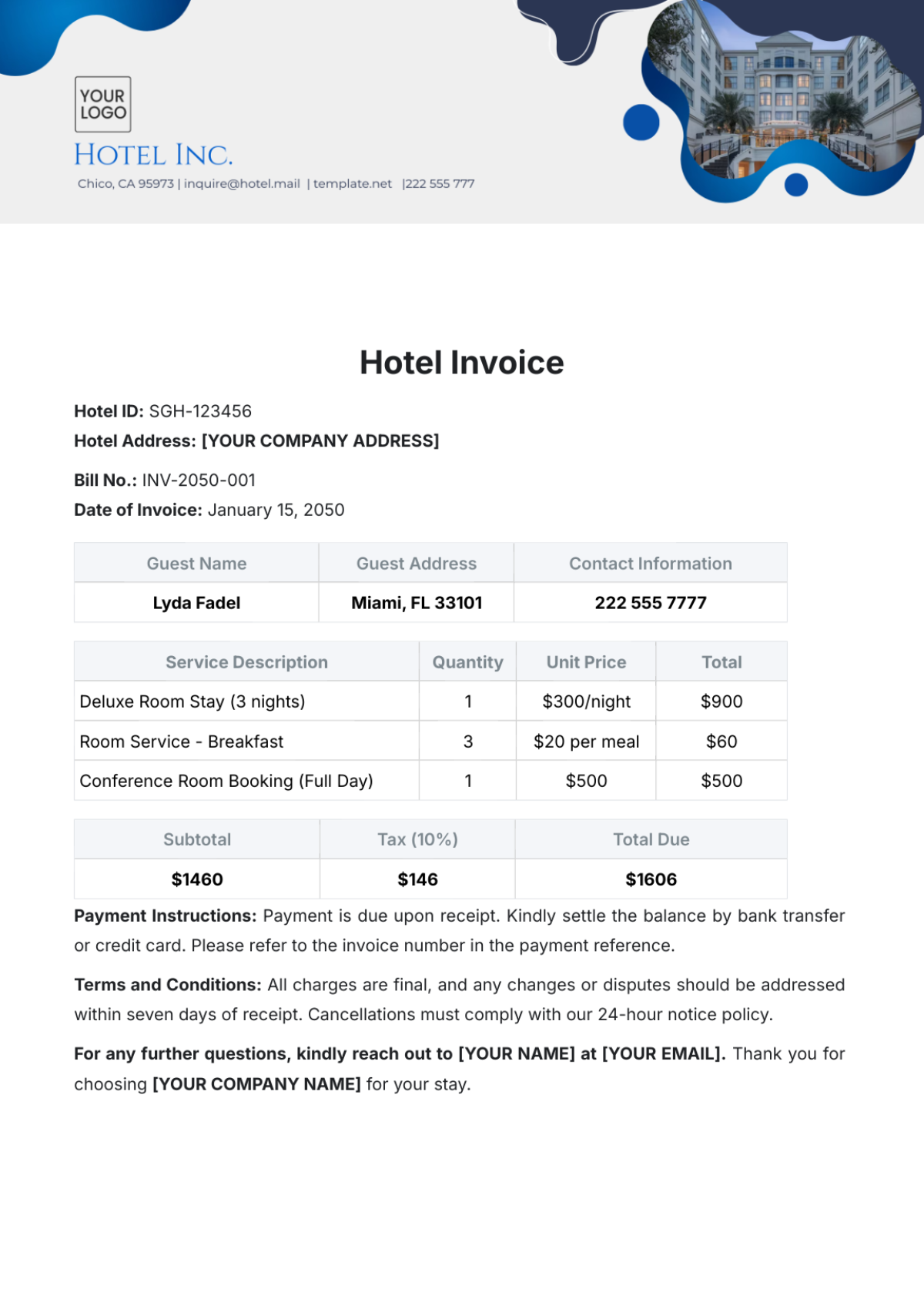 Hotel Invoice Template - Edit Online & Download