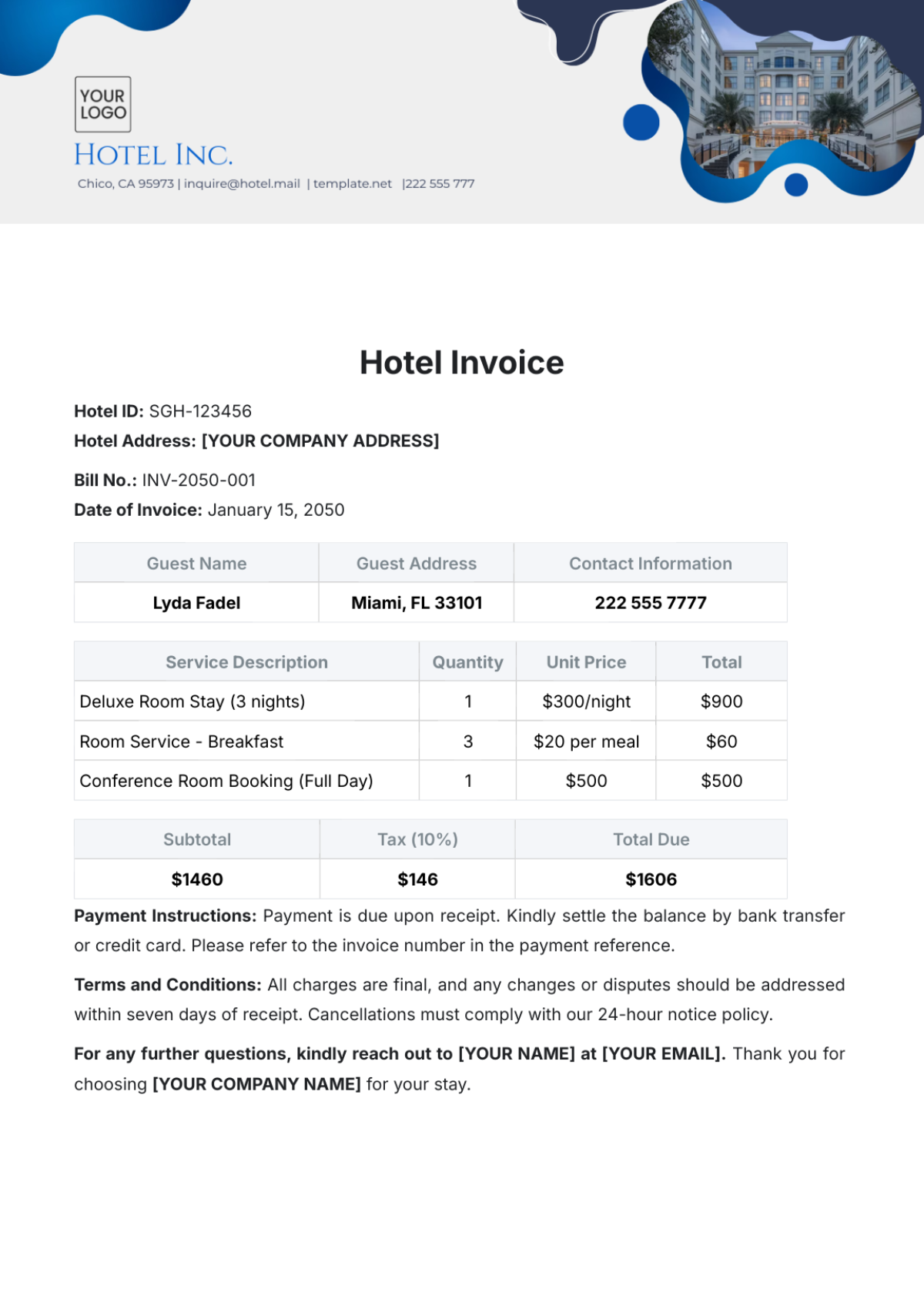 Free Hotel Invoice Templates Editable And Printable Free Hotel Invoice Templates Editable And Printable