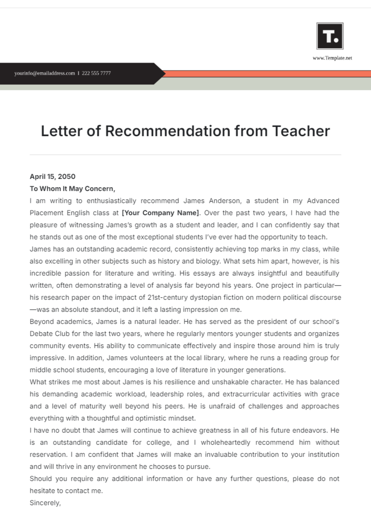 Letter of Recommendation from Teacher Template - Edit Online & Download